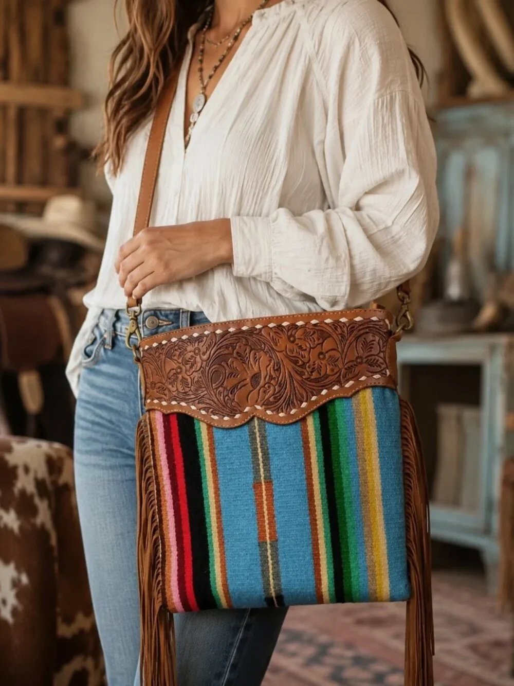 American Darling Tooled Leather Serape Fringe Crossbody Bag Western Boho